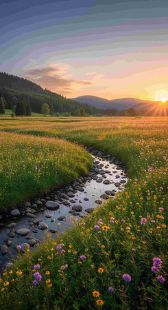 Beautiful summer landscape with mountain river and meadow at sunset.
