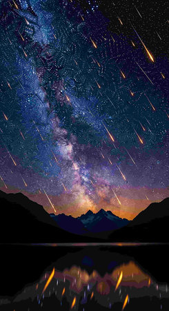 Milky way over the lake and mountains at night, vector illustrationの写真素材