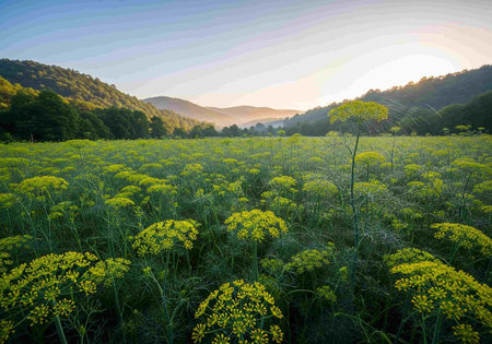 Fennel field at sunset in summer. Beautiful natural landscape.