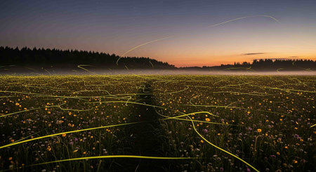 Foggy meadow with yellow flowers at sunrise. 3d render