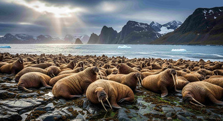 Walrus group on the coast.の写真素材