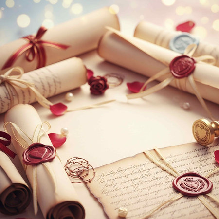 Wedding rings and scrolls of paper with wax seal, vintage styleの写真素材