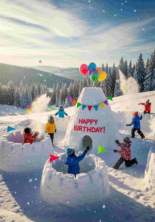 Group of children making snowman in a winter forest.
