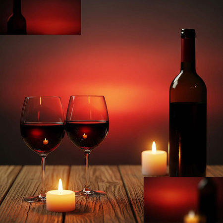 Wine bottle and glass of red wine with candles on wooden tableの写真素材