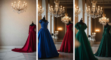 Wedding dresses on a mannequin in the room.