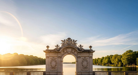 Luxury arch in the park at sunset, Paris, Franceの写真素材