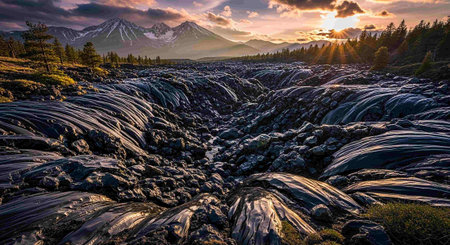 Mountain river at sunset, Kamchatka Peninsula, Russia.