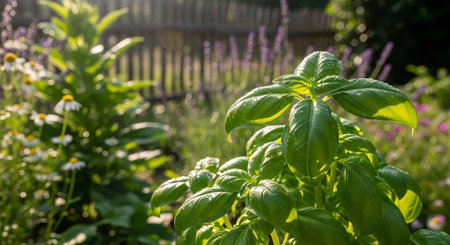 Close up of fresh basil plant growing in the garden at sunset.の写真素材
