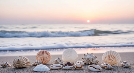 Seashells on the beach at sunset. Vacation concept