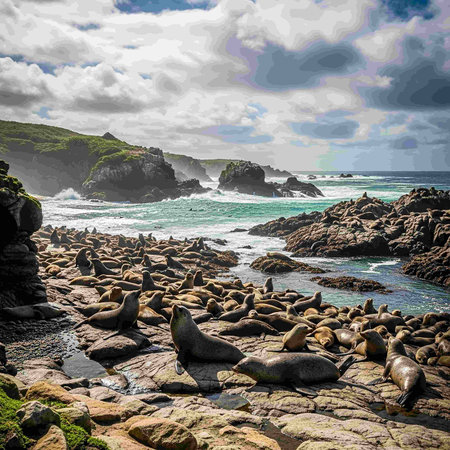 Flock of sea lions on the rocks on the coast of Atlantic oceanの写真素材