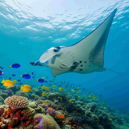 Manta ray on a colorful tropical coral reef in the Red Seaの写真素材