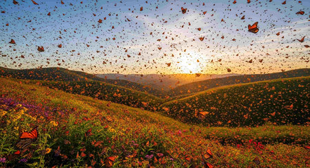 Beautiful sunset on the mountain with colorful flowers and butterfly in the sky