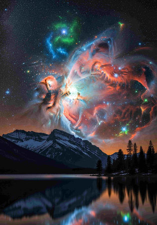 Mountain landscape with starry sky and a lake