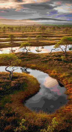 Landscape with swamp and pond in the evening. Digital painting.