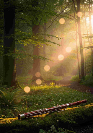 Wooden flute in the forest at sunrise with rays of light