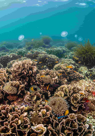 Underwater view of a tropical coral reef with fish and marine life