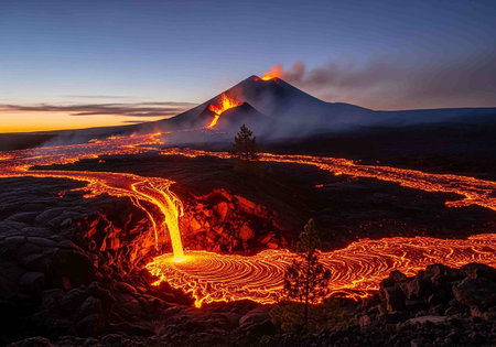 Volcanic crater of Mount Etna at sunrise, Sicily, Italyの写真素材