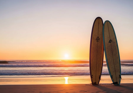Two surfboards on the beach at sunset. Copy space for textの写真素材
