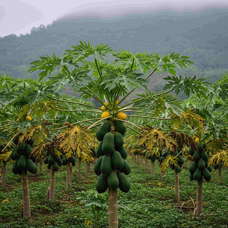 Papaya fruits on papaya tree in the field,Thailandの写真素材