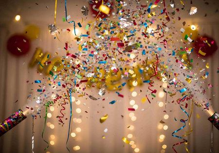 Colorful confetti and ribbons on the background of a blurred garlandの写真素材