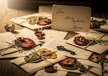 Old letters with wax seal and flowers on a wooden table. Toned.の写真素材