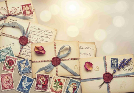Vintage postcards with wax stamps and ribbons on bokeh backgroundの写真素材