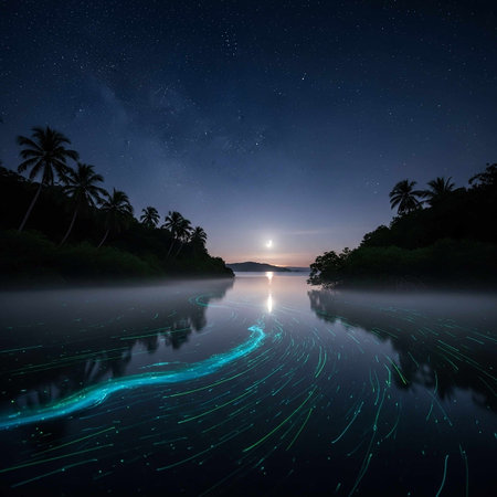 Fantastic starry sky over the sea with palm trees.