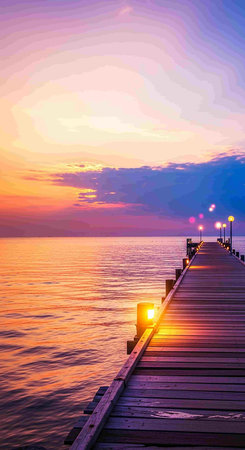 Wooden pier on the sea at sunset. Landscape with sunsetの写真素材