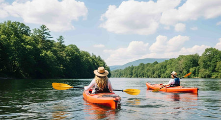 Couple kayaking on the lake in summer. Man and woman paddling in a kayak.