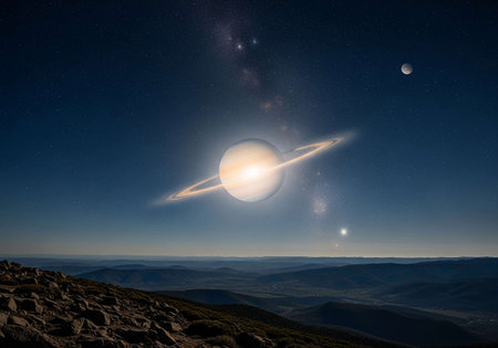 Fantasy landscape with planets and stars in the night sky. Elements of this image furnished by NASAの写真素材