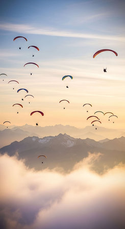 Paragliders flying over the clouds at sunset in the mountainsの写真素材