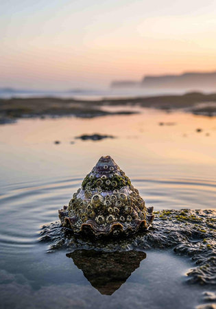 Close up of a mussel on a rock in the sea at sunsetの写真素材