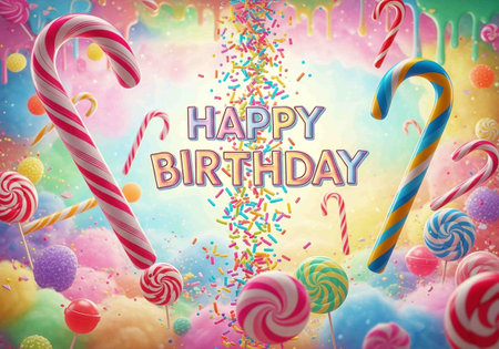 Happy birthday card with candy canes and confetti on colorful backgroundの写真素材