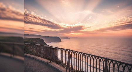 Sunset over the Atlantic ocean with a view from the terraceの写真素材