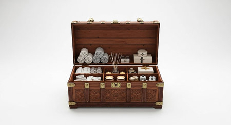 3d rendering of a wooden case with spa items on a white background