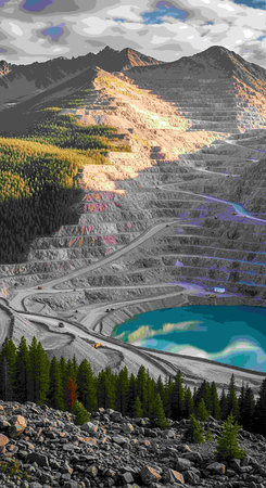 3D illustration of a mountain landscape with a lake in the middle