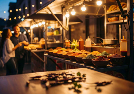 Food stall at night market in London, UK. Blurred background.の写真素材