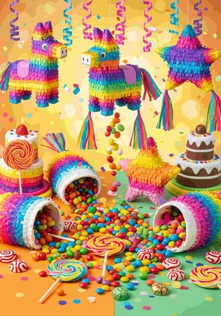 birthday cake with lollipops and candy on colorful backgroundの写真素材