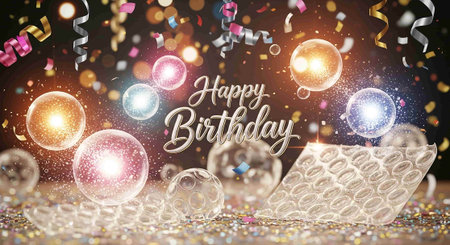 Happy Birthday greeting card on bokeh background. 3D renderingの写真素材