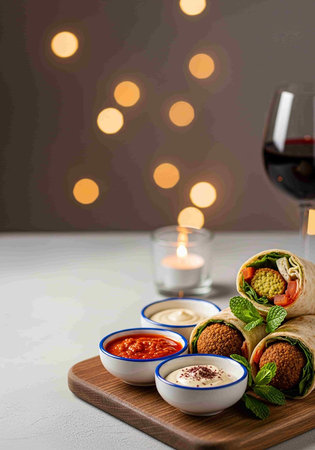 Tortilla wraps with meat and vegetables on a wooden board.の写真素材