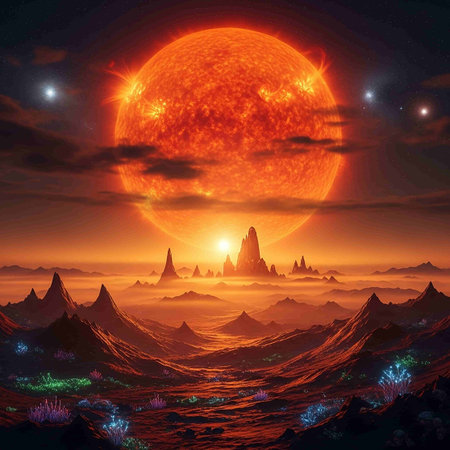Fantasy alien planet. Mountain and sunset. 3D illustration.