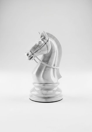Silver chess horse on a white background. Black and white photo.の写真素材