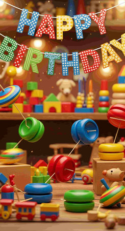 Happy birthday card with wooden toys on the background of children's roomの写真素材