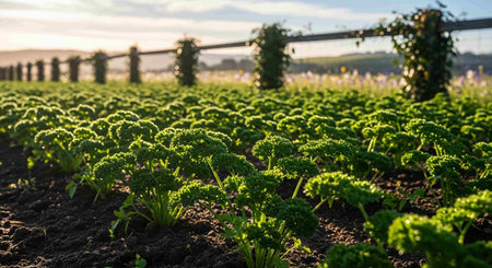 Young green parsley growing in a field in the sunset light.の写真素材