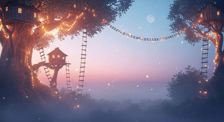 Fantasy landscape with trees, lanterns and houses in the fogの写真素材