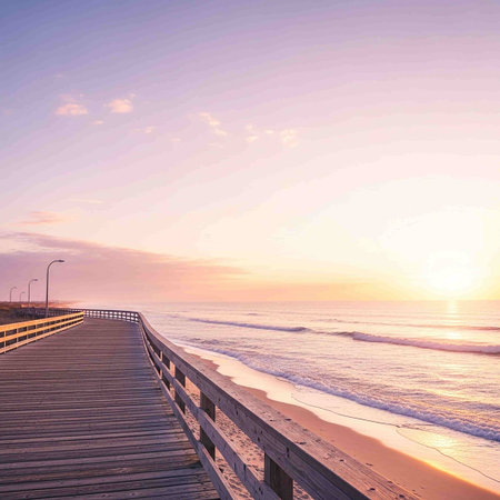 Wooden pier on the beach at sunrise. Vintage style toned pictureの写真素材
