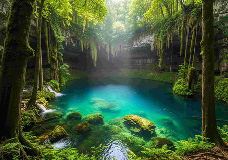 Cave in the forest with a clear turquoise water.の写真素材