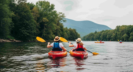 Man and woman kayaking on the river in the mountains. View from back.
