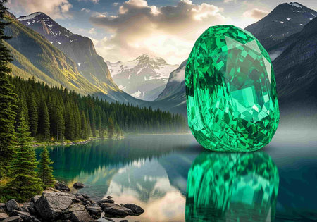 Emerald stone on a background of mountains and lake. 3d renderingの写真素材