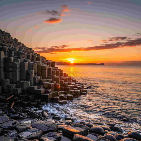 Dramatic sunset over the sea with rocks and stone wall.の写真素材